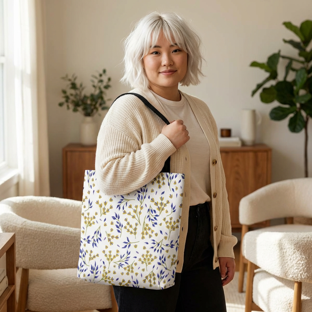 The Wild Herb Garden Tote Bag features a vibrant botanical print with greenish-gold stems and purple leaves, ideal for summer outings. The tote is spacious, with durable black straps for easy carrying.