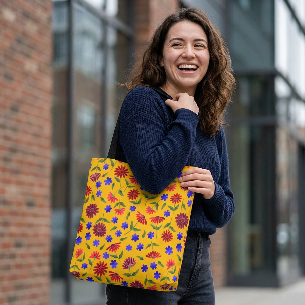 Golden Wildflower Tote Bag carried by a smiling woman, showcasing its vibrant floral pattern with red, purple, and blue flowers on a yellow background. A cheerful accessory reflecting FireBrook Designs' joyful, practical style.