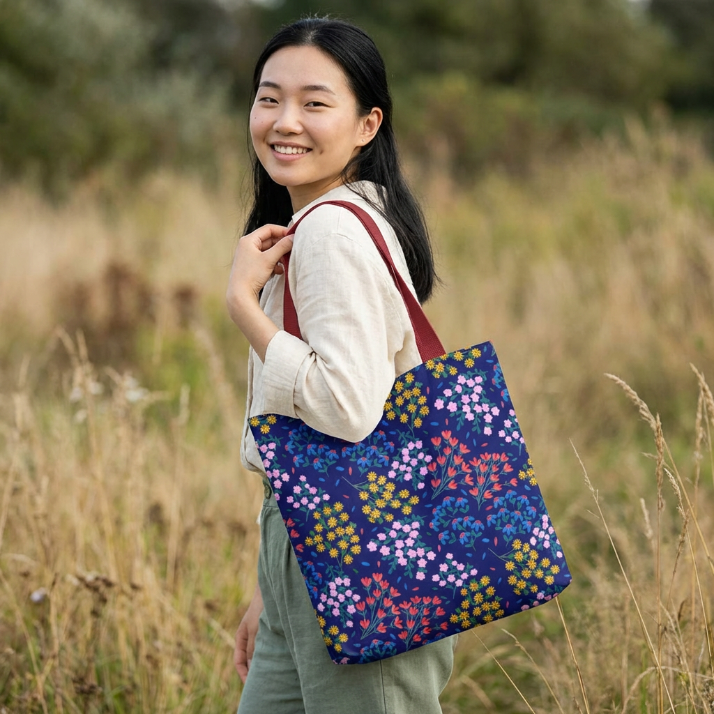 Midnight Garden Tote Bag over shoulder, featuring a navy base with vibrant floral clusters. A young woman wears the bag, highlighting its roomy, stylish design ideal for everyday joy and convenience.