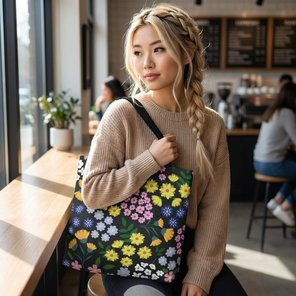 A young woman in a café carries the Starry Night Blooms Tote Bag featuring vibrant floral patterns, embodying FireBrook Designs' uplifting style. This spacious, durable bag complements her relaxed, chic look.