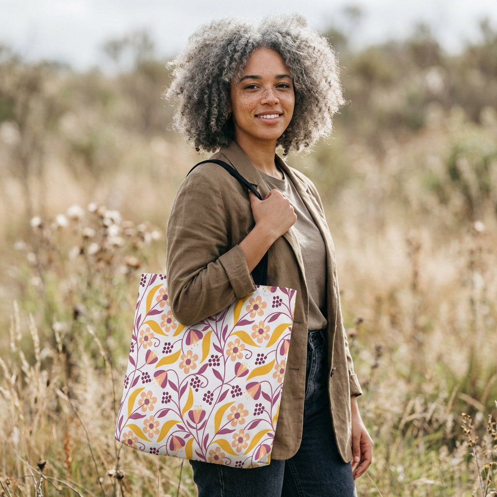 A woman in a field carries the Golden Paisley Floral Tote Bag featuring a vibrant floral-and-vine pattern, embodying FireBrook Essentials' commitment to stylish, joyful designs perfect for summer outings.