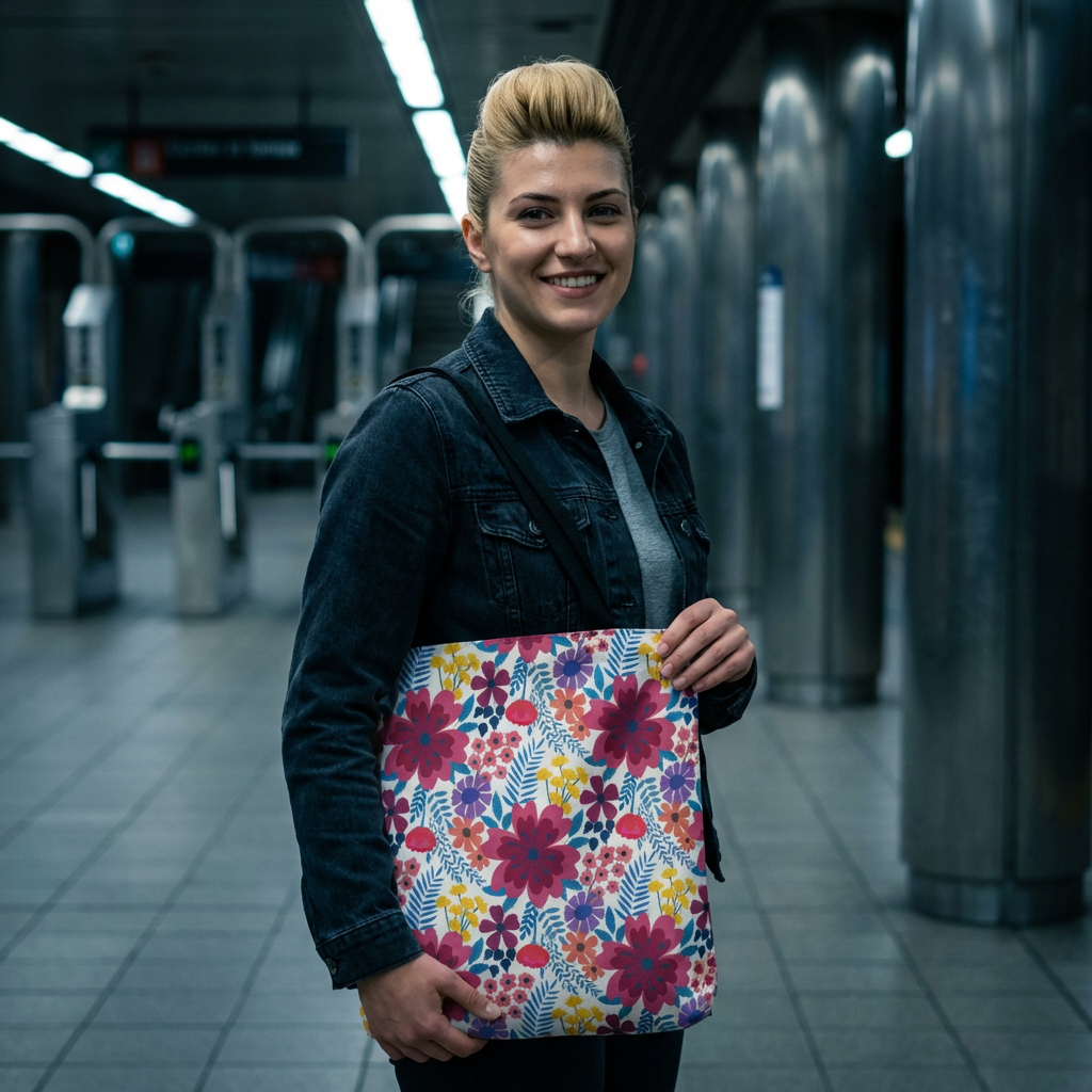 Young adult holds the Violet Daisy Carnival Tote Bag, featuring a vibrant floral pattern, ideal for summer outings. She's in a train station, showcasing the bag's spacious design and stylish appeal.
