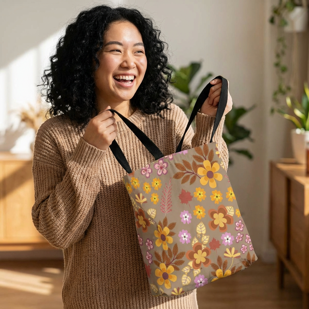 Smiling woman holds a Harvest Brown Bloom Tote Bag with warm-toned floral pattern, ideal for summer outings. The bag, with sturdy black straps, embodies FireBrook Designs' cheerful and uplifting aesthetic.