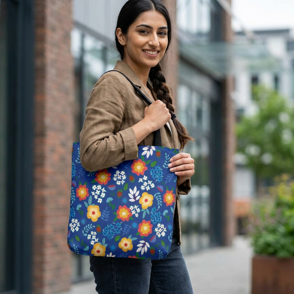 Young woman with a blue Cornflower Patch Tote Bag featuring a vibrant floral pattern, standing casually on a city sidewalk. The tote complements her relaxed style with its cheerful, durable design, ideal for outings.