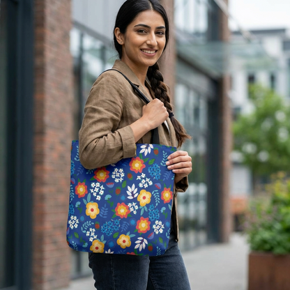 Young woman with a blue Cornflower Patch Tote Bag featuring a vibrant floral pattern, standing casually on a city sidewalk. The tote complements her relaxed style with its cheerful, durable design, ideal for outings.