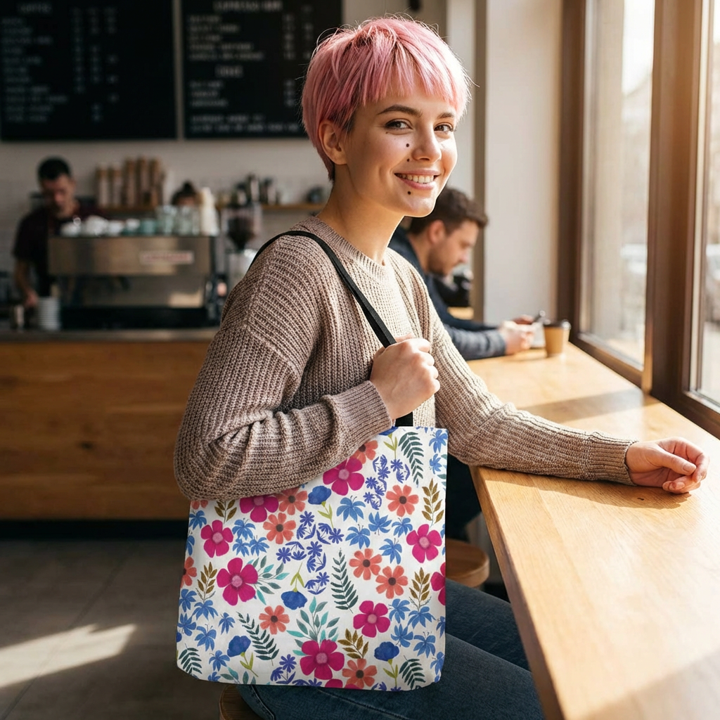Confetti Wildflower Tote Bag with vibrant floral patterns, held by a young person in a café. This durable, stylish bag complements relaxed outings, embodying FireBrook Designs' cheerful and functional ethos.