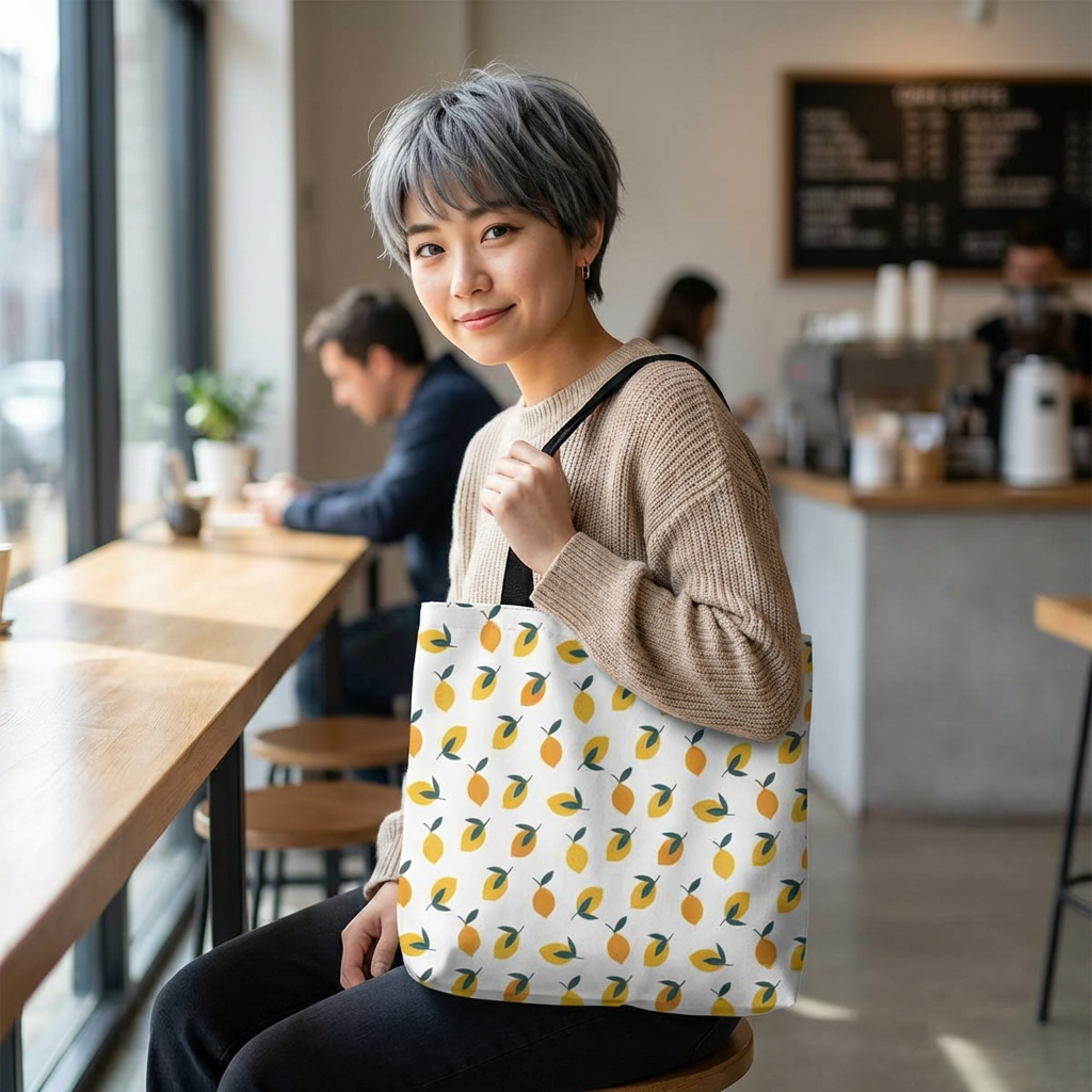 Young person at a café holds the Lemon Drop Toss Tote Bag, featuring a vibrant lemon-and-leaf pattern, embodying FireBrook Essentials' cheerful, uplifting designs.