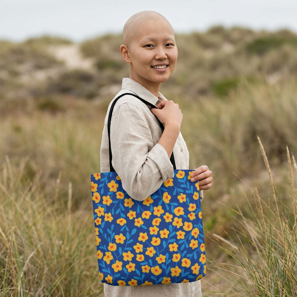 Person outdoors holding the Cobalt Poppy Field Tote Bag, featuring a vibrant floral design with yellow-and-orange flowers on a blue background, embodying FireBrook Designs' cheerful and functional style.