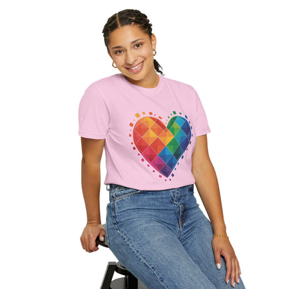 Rainbow Geometric Heart T-Shirt featuring a vibrant heart-shaped design with overlapping translucent squares, offering a dynamic, modern look. Ideal for casual wear or special occasions, showcasing FireBrook Essentials' uplifting style.