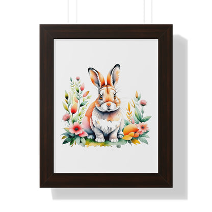 Bunny Wall Art: A framed painting depicting a whimsical rabbit surrounded by flowers and leaves, ideal for children's rooms or nurseries, reflecting joyful, uplifting vibes with archival-quality materials.