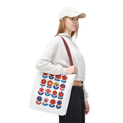 Floral Tote Bag with mid-century modern floral design, showcasing durable polyester, reinforced stitching, and boxed corners. Ideal for fashion-forward individuals, available in three sizes from FireBrook Essentials.
