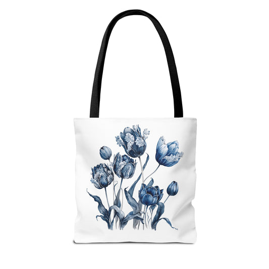 Flowers in Blue Hue Watercolor Tote Bag featuring a white background adorned with blue floral patterns, black straps, and spacious interior. Ideal for stylish and practical use.