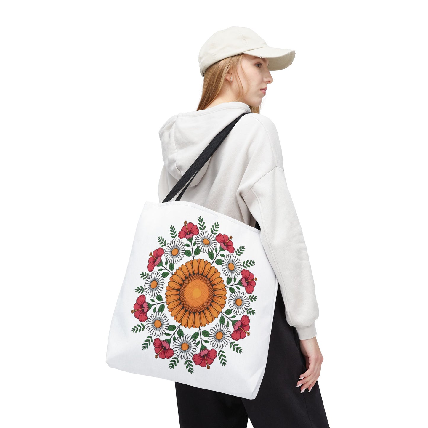 Mandala Sunflowers & Daisies Tote Bag showcasing a vibrant floral mandala design with sunflowers, daisies, and hibiscus, perfect for summer outings. Ideal for nature lovers and boho-chic enthusiasts seeking practical style.