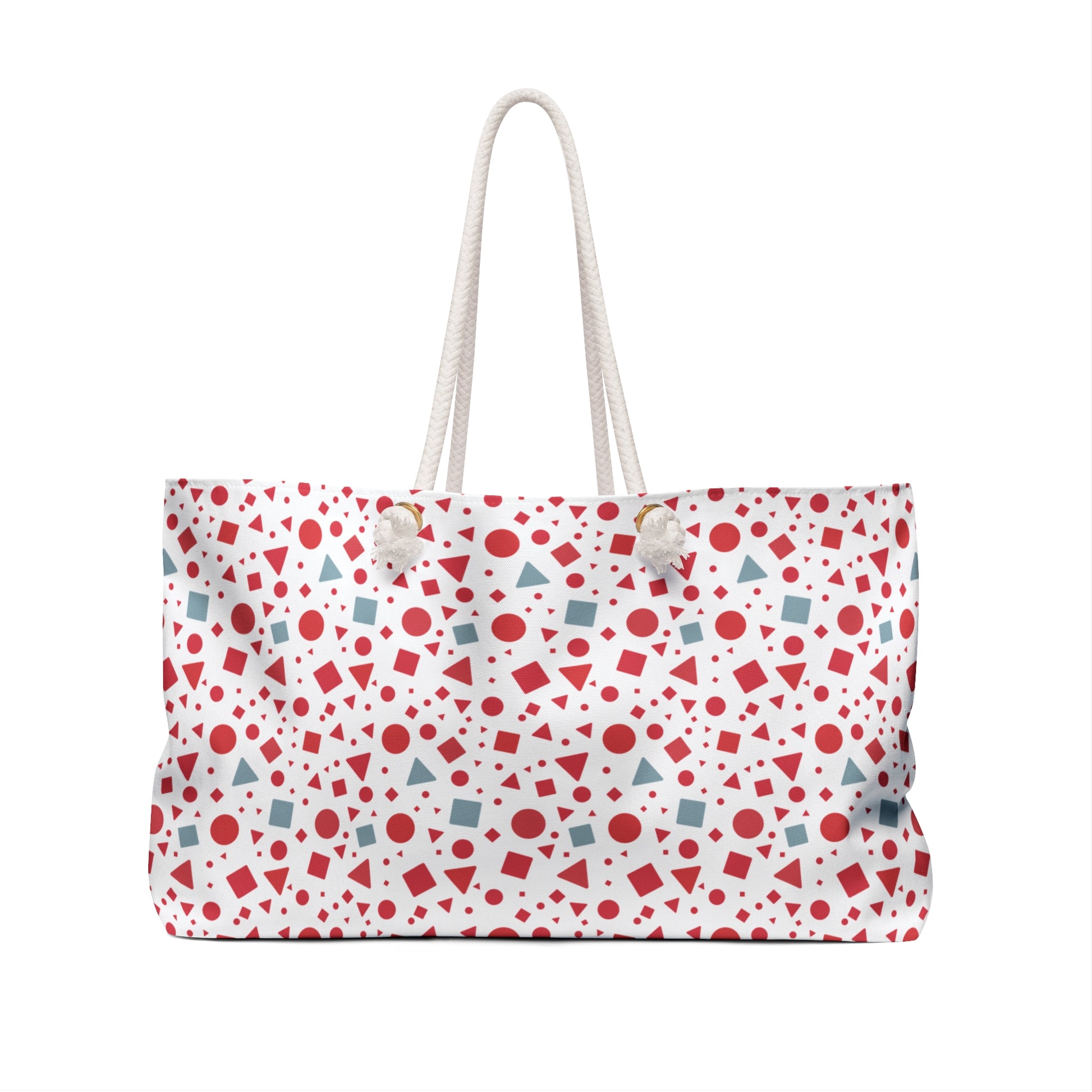 Geometric Pattern Weekender Bag – Red & Light Blue Modern Travel Tote: A spacious, stylish polyester bag with bold geometric designs, featuring rope handles and a T-bottom for extra storage, ideal for versatile use.
