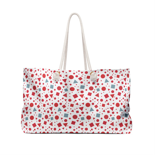 Geometric Pattern Weekender Bag – Red & Light Blue Modern Travel Tote: A spacious, stylish polyester bag with bold geometric designs, featuring rope handles and a T-bottom for extra storage, ideal for versatile use.