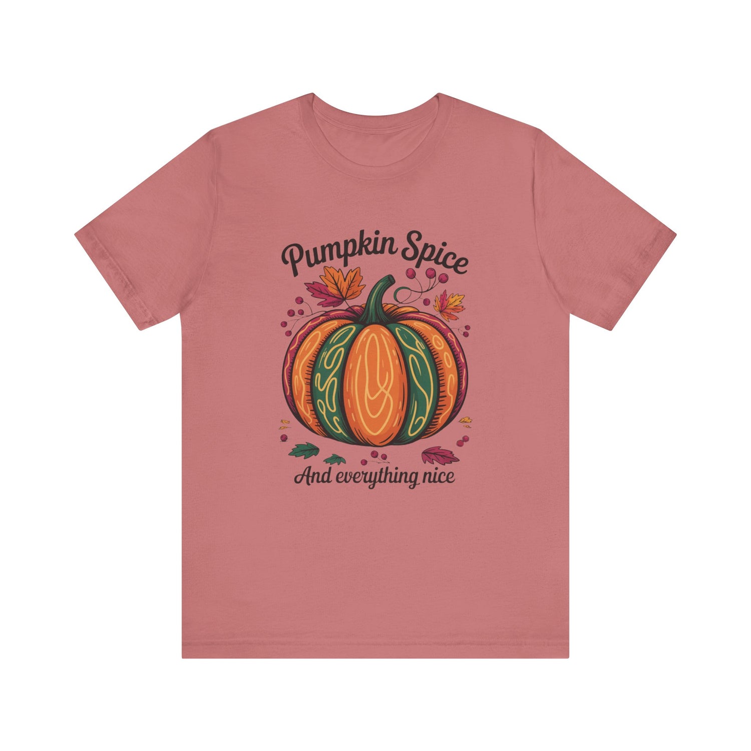 Pumpkin Spice and Everything Nice Fall Thanksgiving Bella+Canvas Unisex T-Shirt, showcasing a cozy, autumnal design perfect for fall festivities, embodying FireBrook Essentials' commitment to stylish, uplifting apparel.