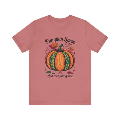 Pumpkin Spice and Everything Nice Fall Thanksgiving Bella+Canvas Unisex T-Shirt, showcasing a cozy, autumnal design perfect for fall festivities, embodying FireBrook Essentials' commitment to stylish, uplifting apparel.