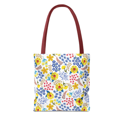 Floral Tote Bag with burgundy-red handles showcases a cheerful scattered floral pattern, perfect for summer outings. FireBrook Designs' uplifting style combines durability and joy in this versatile, spacious accessory.