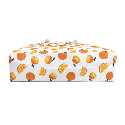 Weekender Bag Orange Pattern Design Travel Tote featuring a vibrant orange motif, ideal for stylish, joyful getaways. Equipped with durable rope handles and a spacious T-bottom, perfect for travel enthusiasts.