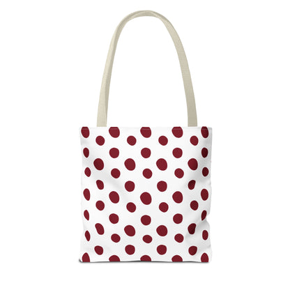 Burgundy Polka Dots Tote Bag with white and red design, featuring durable polyester fabric, reinforced handles, and boxed corners. Ideal for everyday use, reflecting FireBrook Essentials' focus on style and practicality.