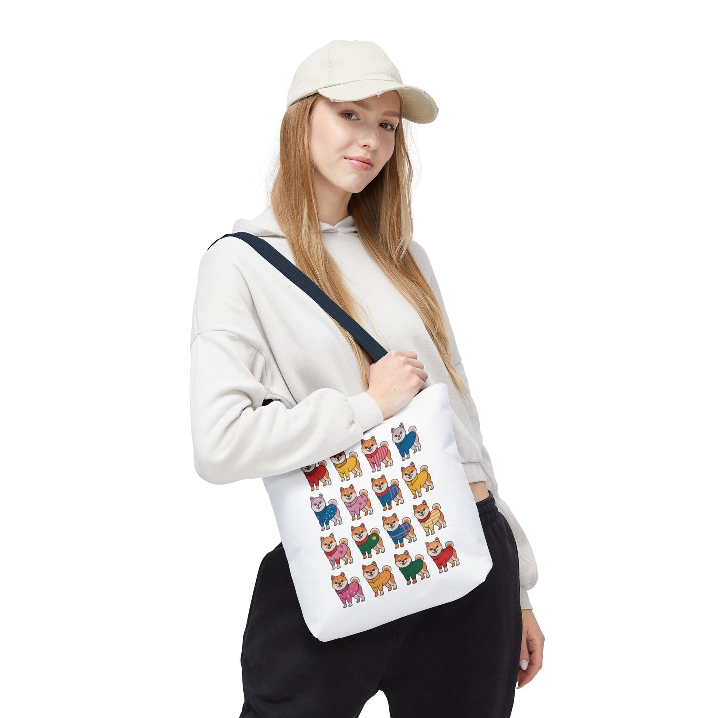 Shiba Inu Grid Tote Bag with Colorful Outfits, featuring vibrant Shiba Inus in unique outfits. Ideal for dog enthusiasts and style lovers, this tote adds whimsy to daily errands.