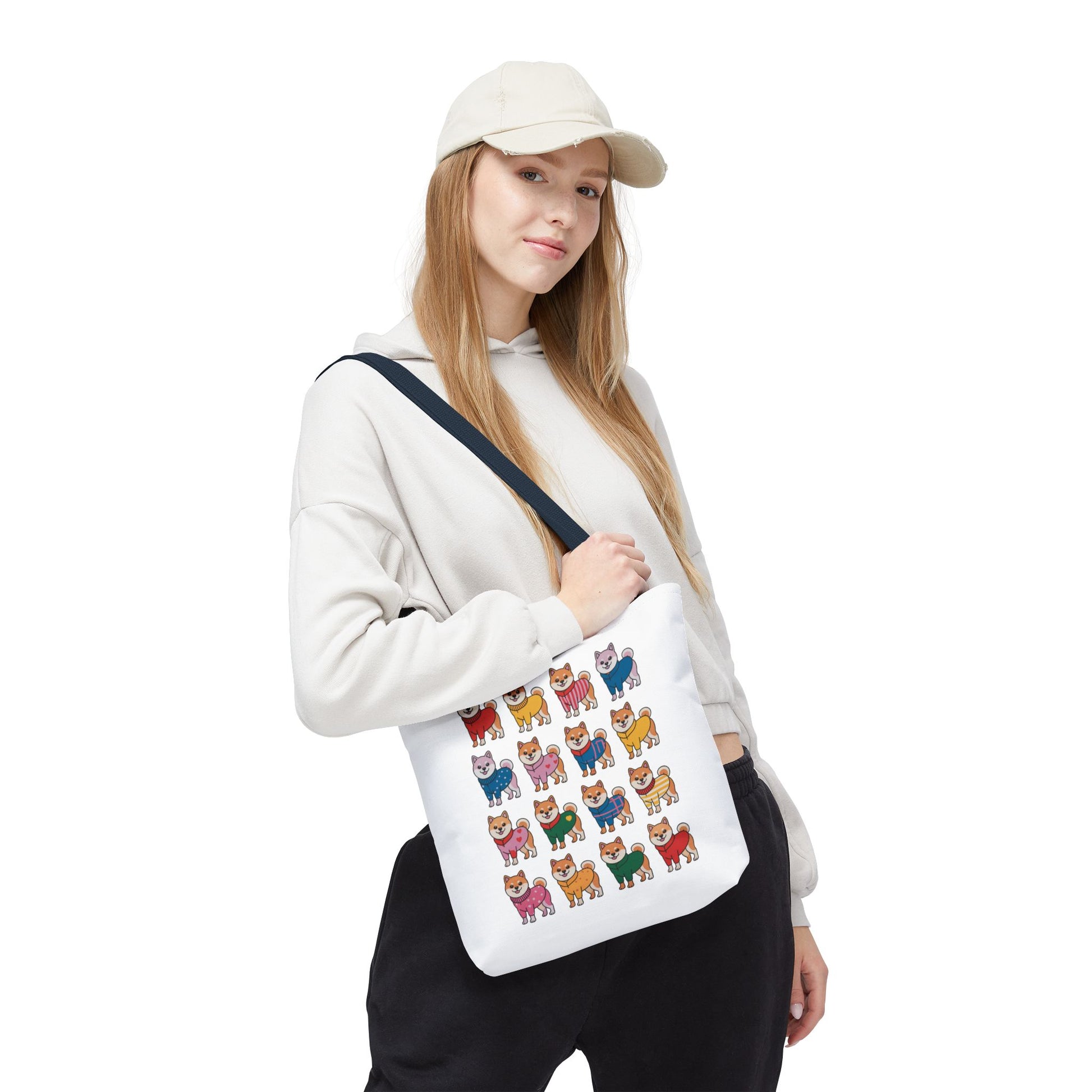 Shiba Inu Grid Tote Bag with Colorful Outfits, featuring vibrant Shiba Inus in unique outfits. Ideal for dog enthusiasts and style lovers, this tote adds whimsy to daily errands.
