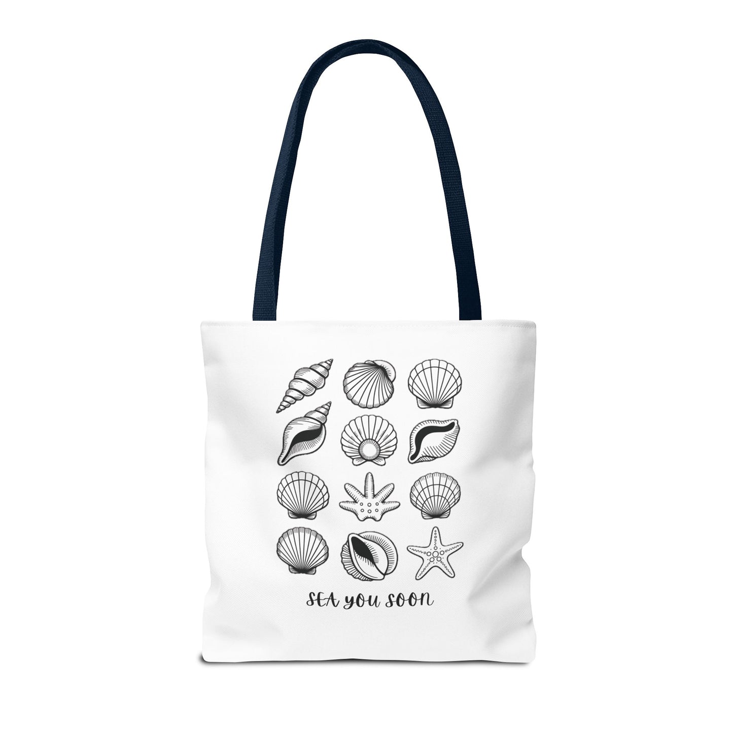 Sea Shells Tote Bag showcasing a beachy vibe, durable polyester fabric with reinforced stitching. Ideal for carrying essentials on seaside trips, reflecting FireBrook Essentials' uplifting, stylish design ethos.