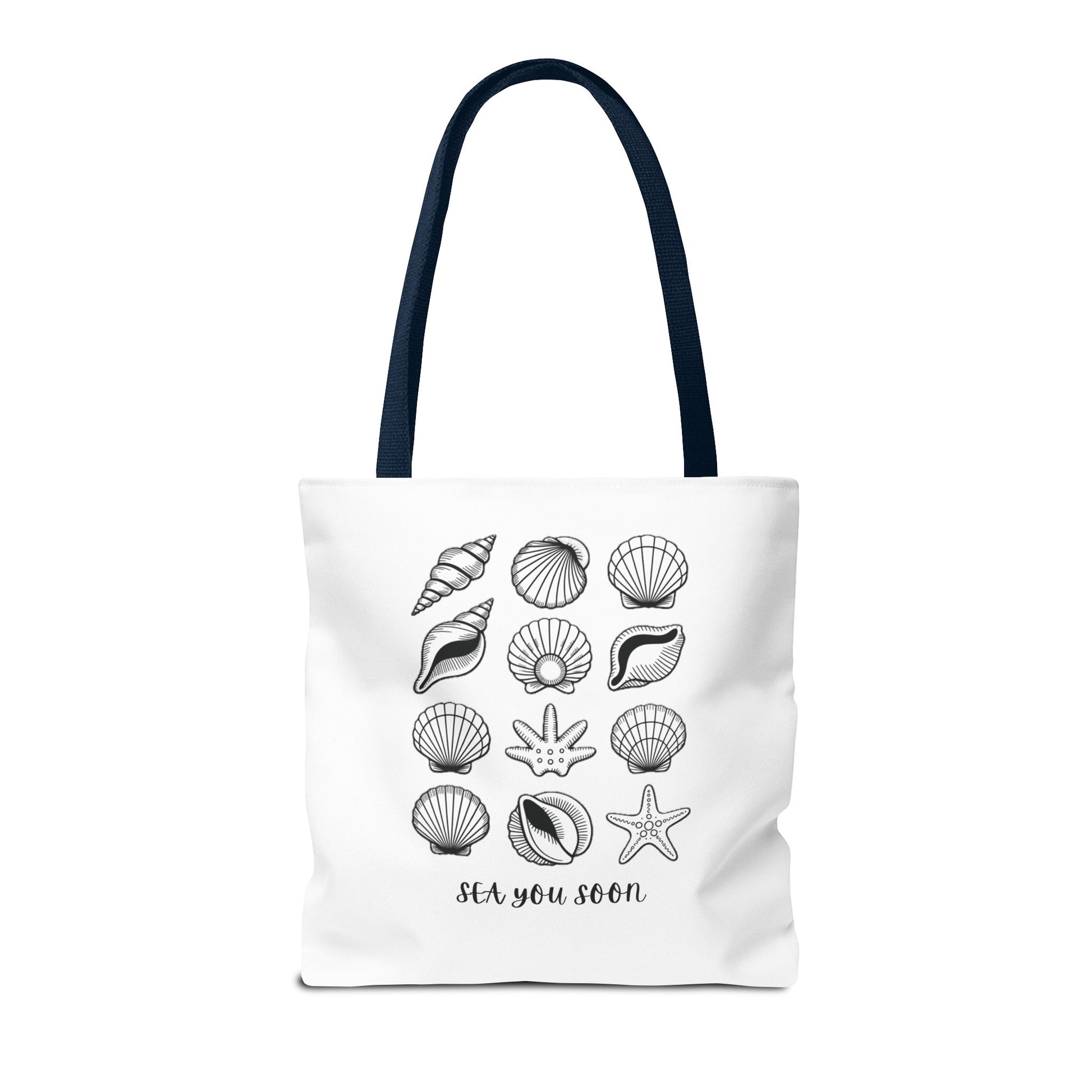 Sea Shells Tote Bag showcasing a beachy vibe, durable polyester fabric with reinforced stitching. Ideal for carrying essentials on seaside trips, reflecting FireBrook Essentials' uplifting, stylish design ethos.