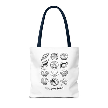 Sea Shells Tote Bag showcasing a beachy vibe, durable polyester fabric with reinforced stitching. Ideal for carrying essentials on seaside trips, reflecting FireBrook Essentials' uplifting, stylish design ethos.
