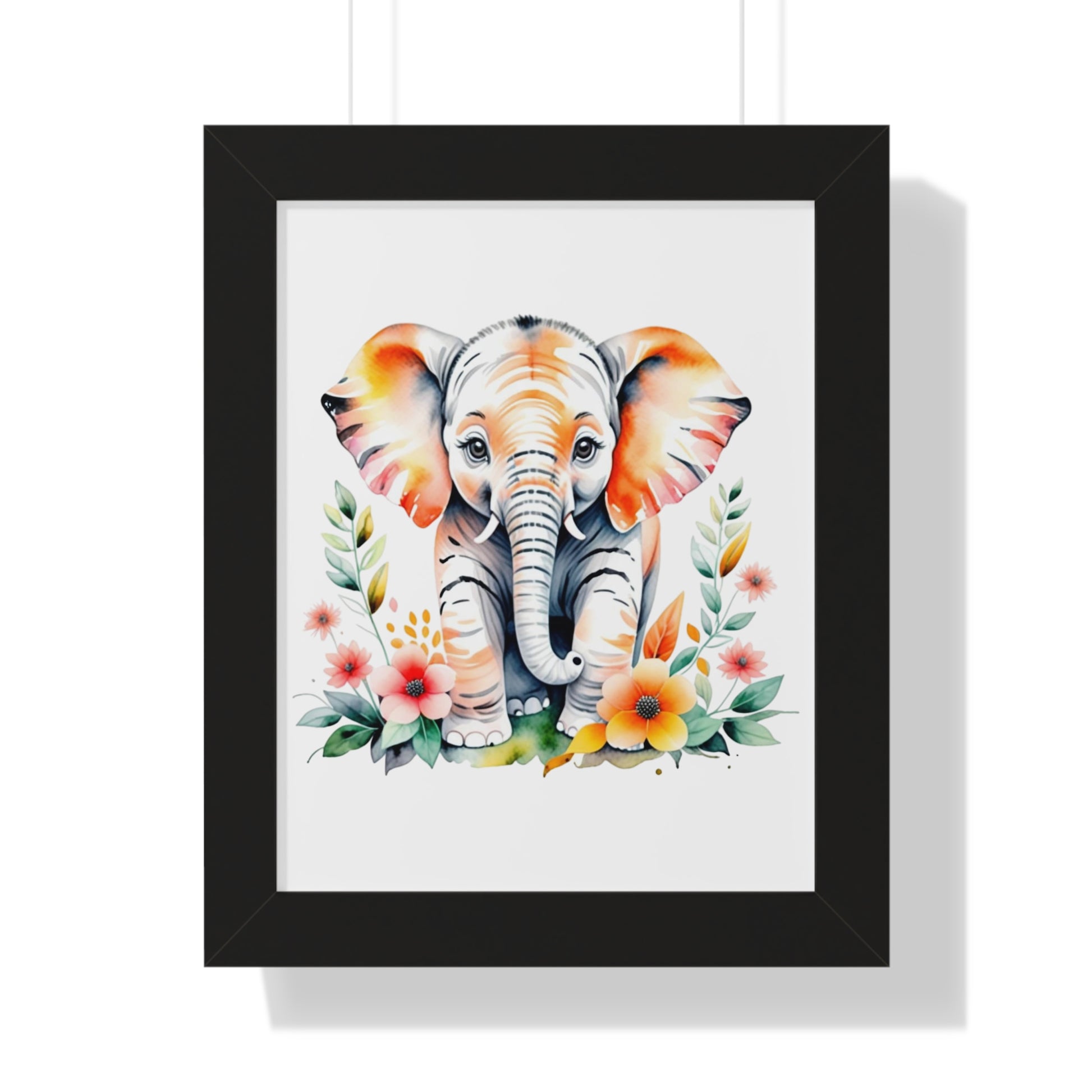 Whimsical Baby Elephant Wall Art: A charming illustration of an elephant adorned with flowers, perfect for nursery decor. Features include pigment inks and museum-grade paper for vibrant, lasting quality.