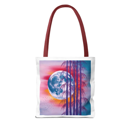 Moonlit Landscape Tote Bag featuring an abstract full moon scene with silhouetted trees against a fiery sunset, designed for nature lovers and artists seeking a stylish, durable accessory for everyday use.