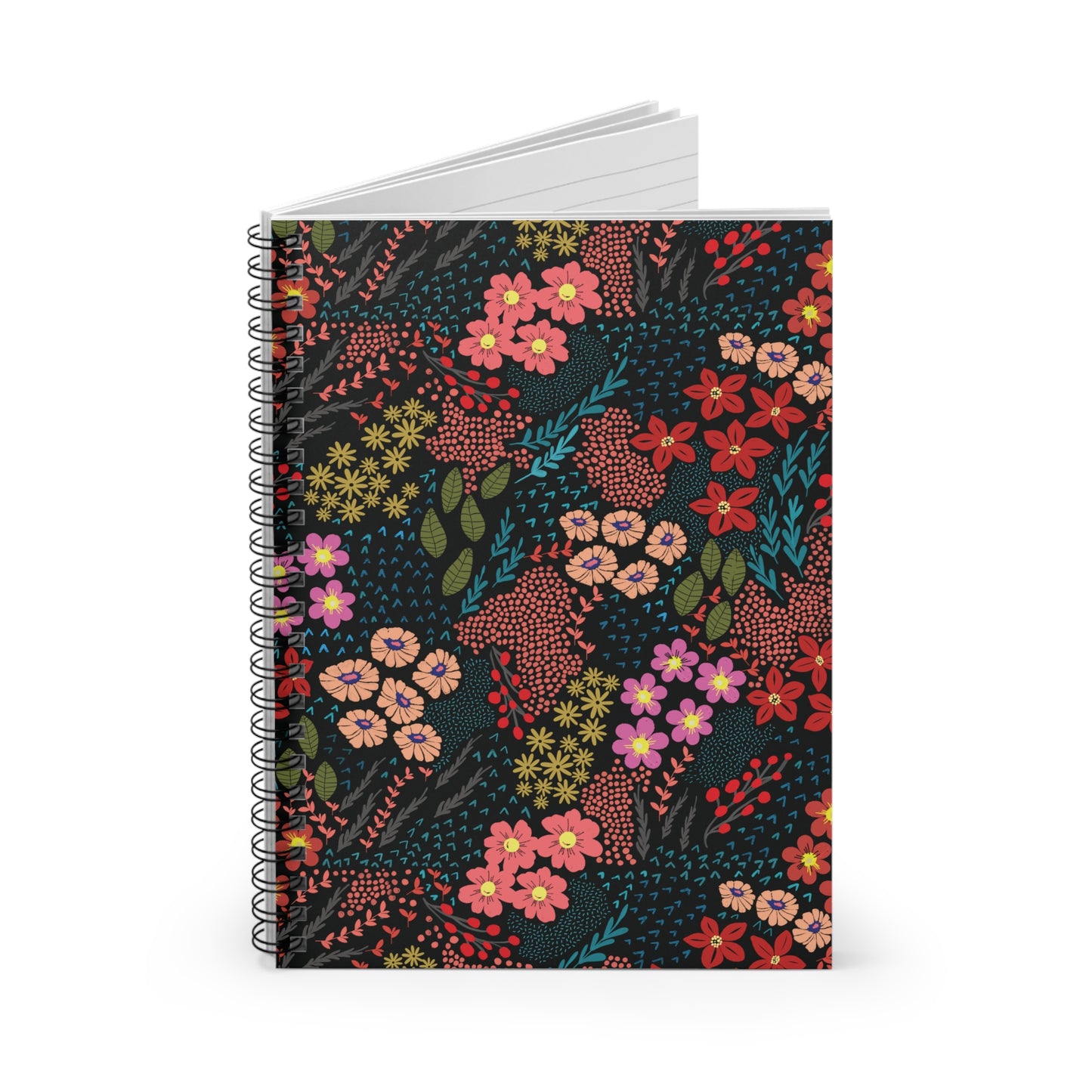 Floral Spiral Notebook featuring vibrant red, pink, peach, and yellow blossoms with green leaves, stands upright. Designed for creativity and organization, it embodies FireBrook Essentials' uplifting style.