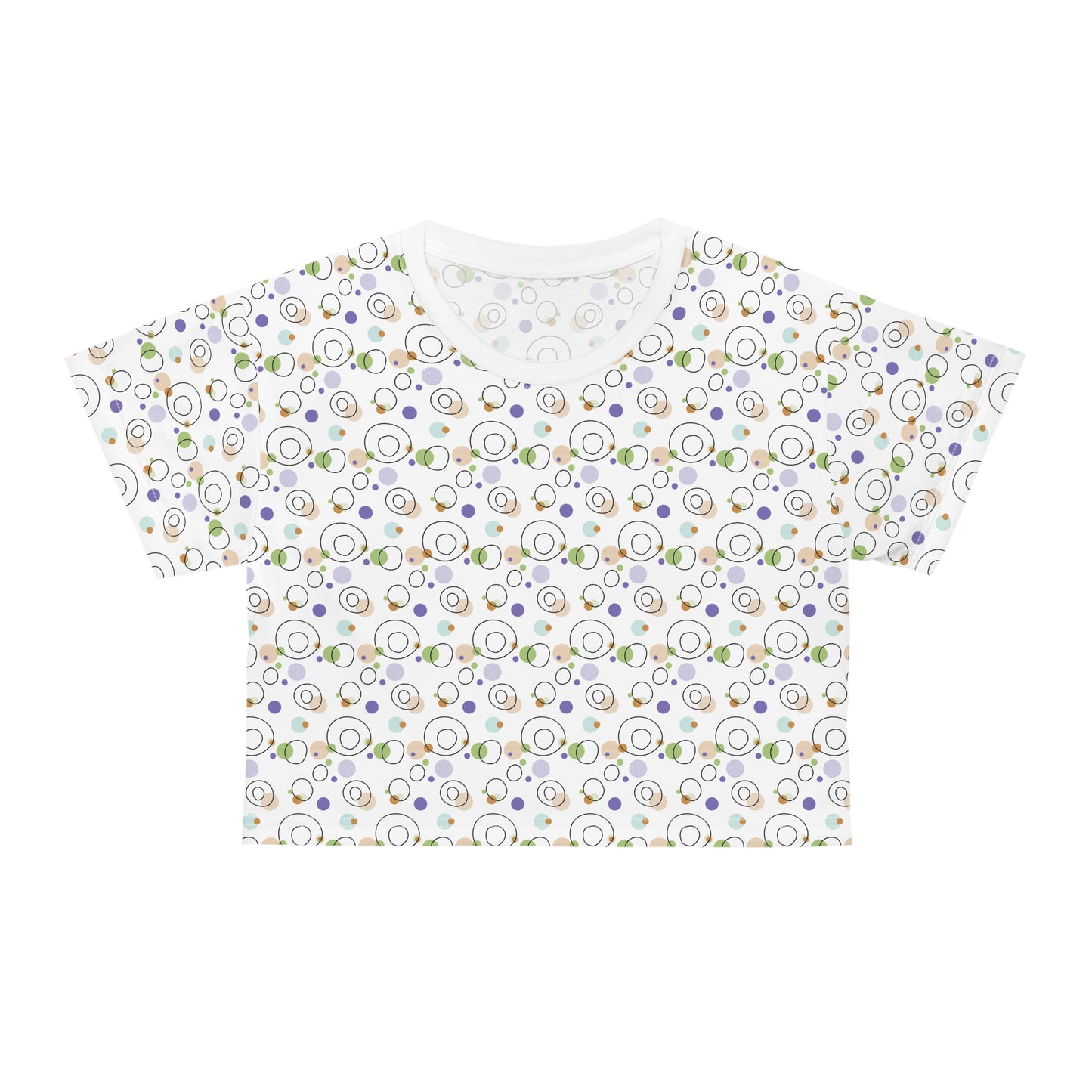 Circles and Dots Patterns for Summer Vibes Crop T-Shirt features a vibrant, playful print. Perfect for casual outings, this lightweight top embodies FireBrook Essentials' joyful and stylish apparel ethos.