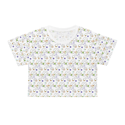 Circles and Dots Patterns for Summer Vibes Crop T-Shirt features a vibrant, playful print. Perfect for casual outings, this lightweight top embodies FireBrook Essentials' joyful and stylish apparel ethos.