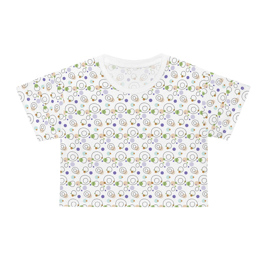 Circles and Dots Patterns for Summer Vibes Crop T-Shirt features a vibrant, playful print. Perfect for casual outings, this lightweight top embodies FireBrook Essentials' joyful and stylish apparel ethos.