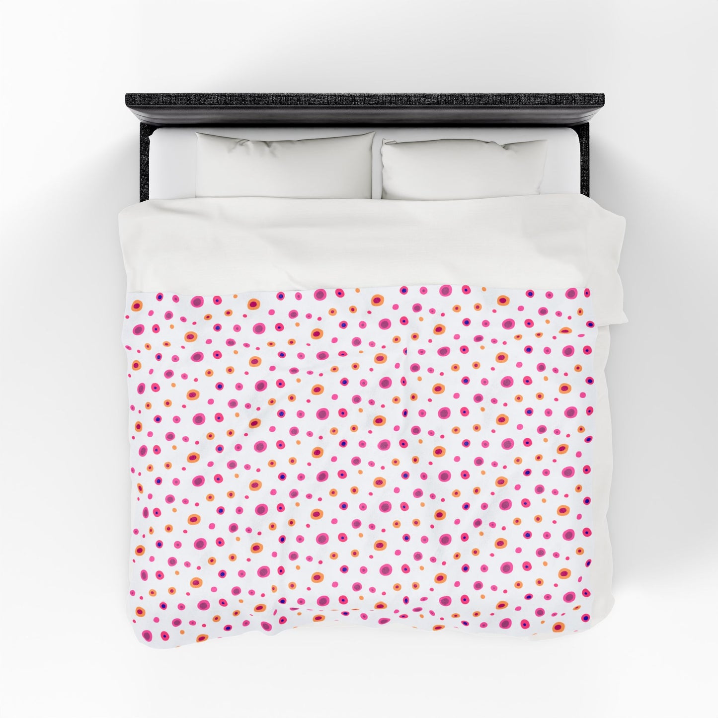 Circles Pink and Yellow (Medium) Velveteen Plush Blanket, featuring a vibrant design and plush texture, ideal for cozy evenings. Perfect for adding warmth and style to any home setting.
