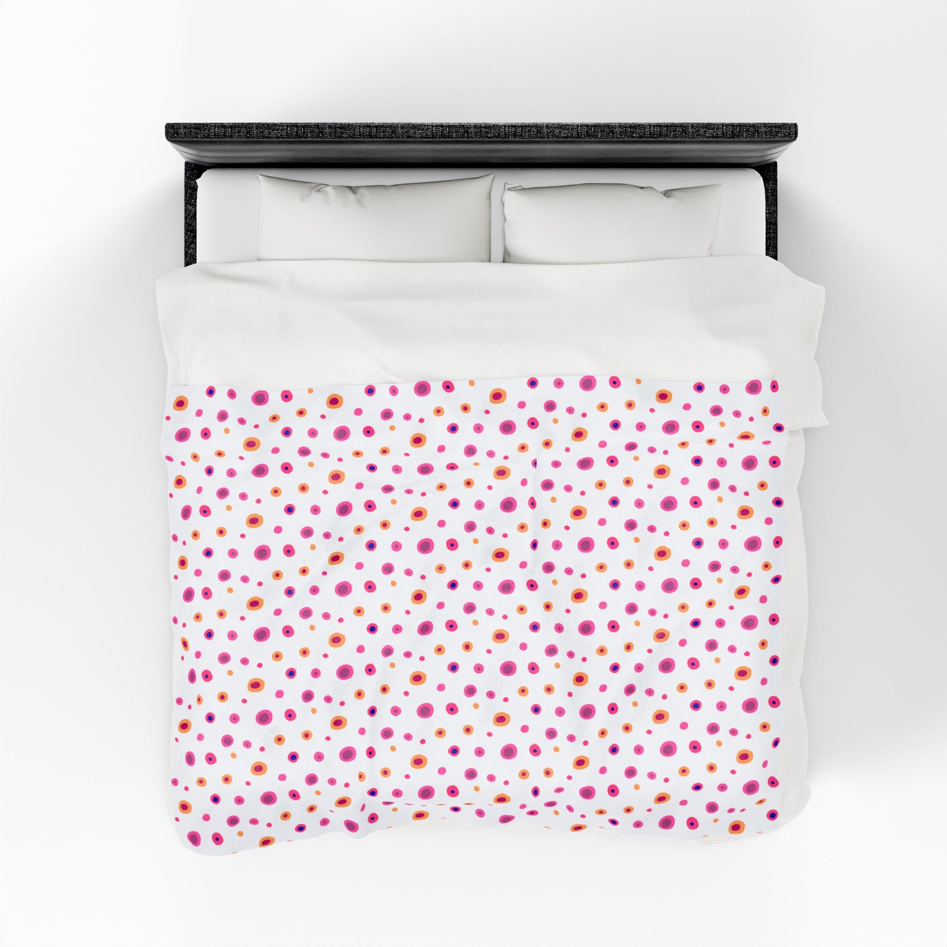 Circles Pink and Yellow (Medium) Velveteen Plush Blanket, featuring a vibrant design and plush texture, ideal for cozy evenings. Perfect for adding warmth and style to any home setting.