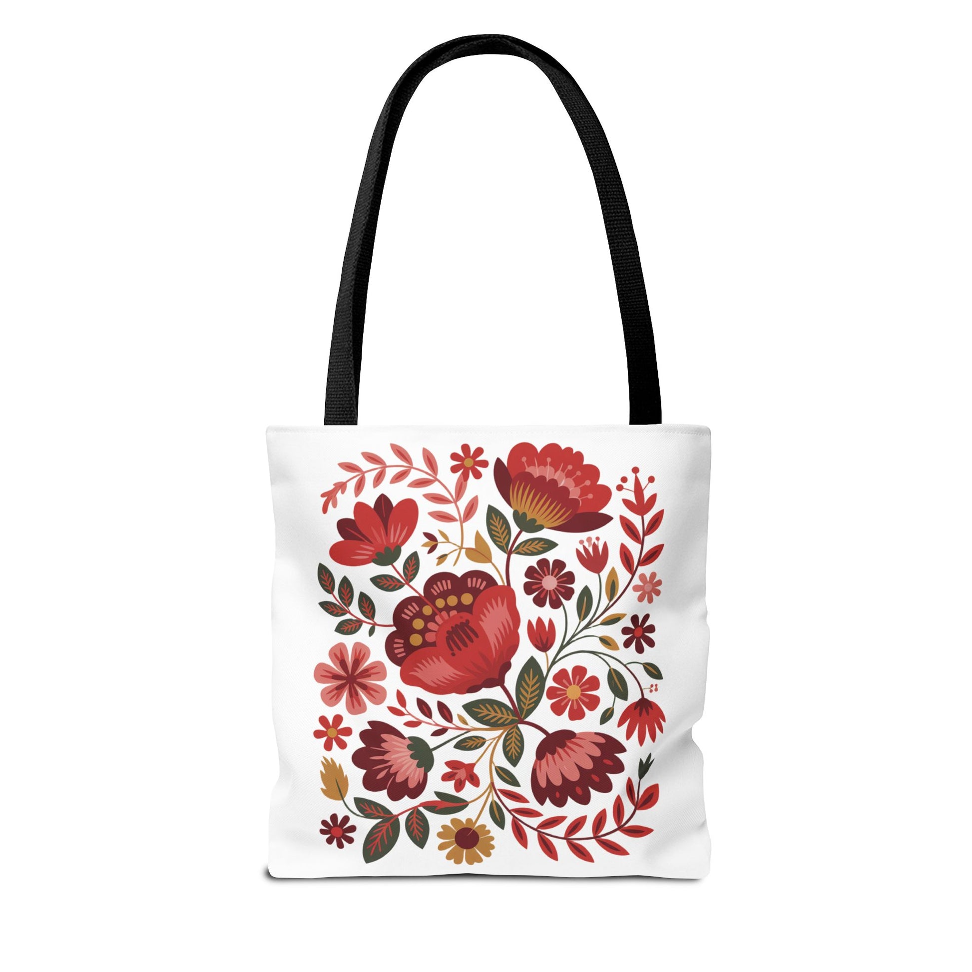 Red Floral Folk-Art Style Tote Bag features vibrant red, blush, and blue flowers with green leaves, capturing a lively folk-art aesthetic. Ideal for nature lovers and everyday use, available at FireBrook Essentials.