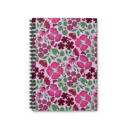 Floral Spiral Notebook with vibrant pink, magenta, and red blossoms on lavender cover, featuring sleek metal spiral binding and compact design, ideal for creative expression and organization.