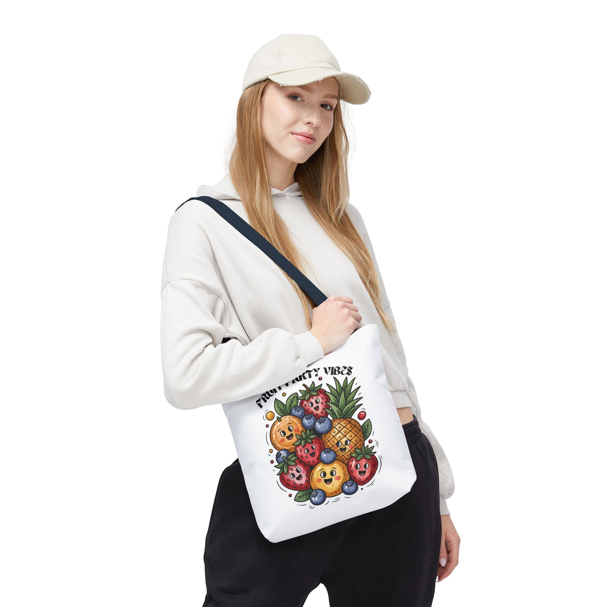 Fruit Party Tote Bag - Fun Summer Vibes: A durable, polyester bag with playful fruit design, perfect for errands or beach trips. Features reinforced handles and boxed corners for extra space.