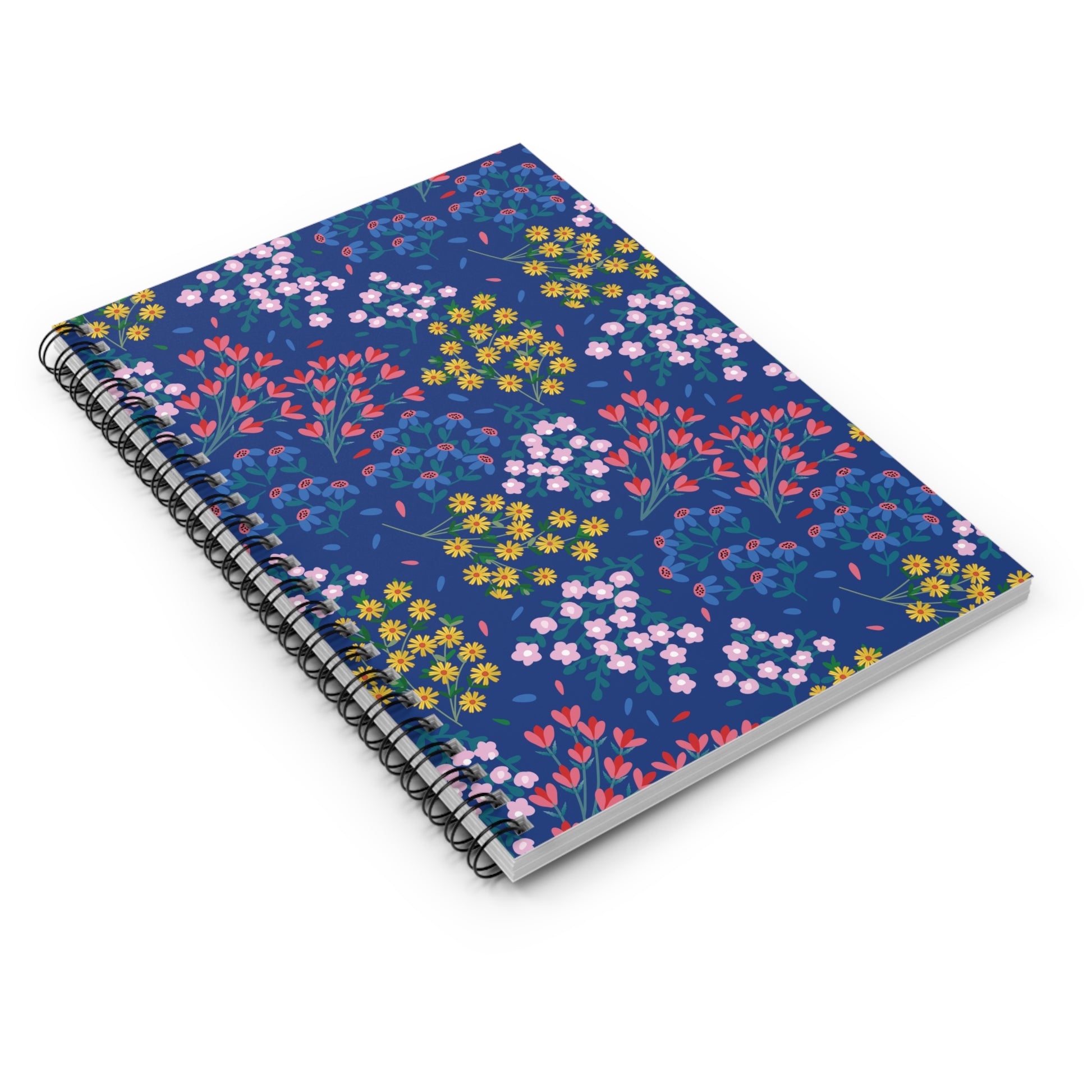 Floral Spiral Notebook with navy blue cover and pink, red, yellow, and green flower clusters, perfect for creativity and organization. Ideal for writers, students, or professionals. Compact and eco-friendly design.