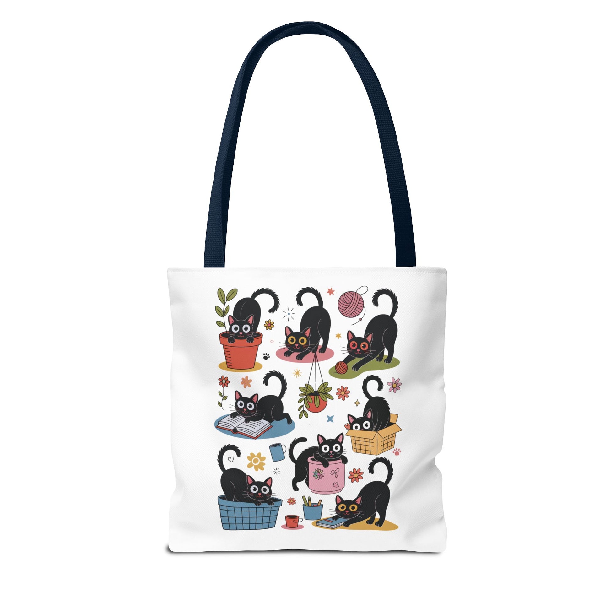 Cat Tote Bag - Curious Cat Design features a whimsical cat illustration ideal for cat lovers, perfect for errands or casual outings with its durable polyester body and reinforced handles.