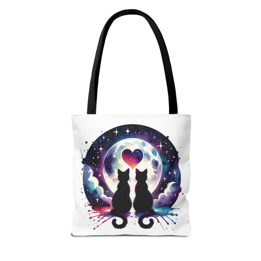 Copy of Cat Lovers Under the Moon Tote Bag, showcasing an adorable cat-themed design, perfect for everyday use. Durable polyester body with reinforced handles, available in three sizes, ideal for adding quirky charm to any outing.