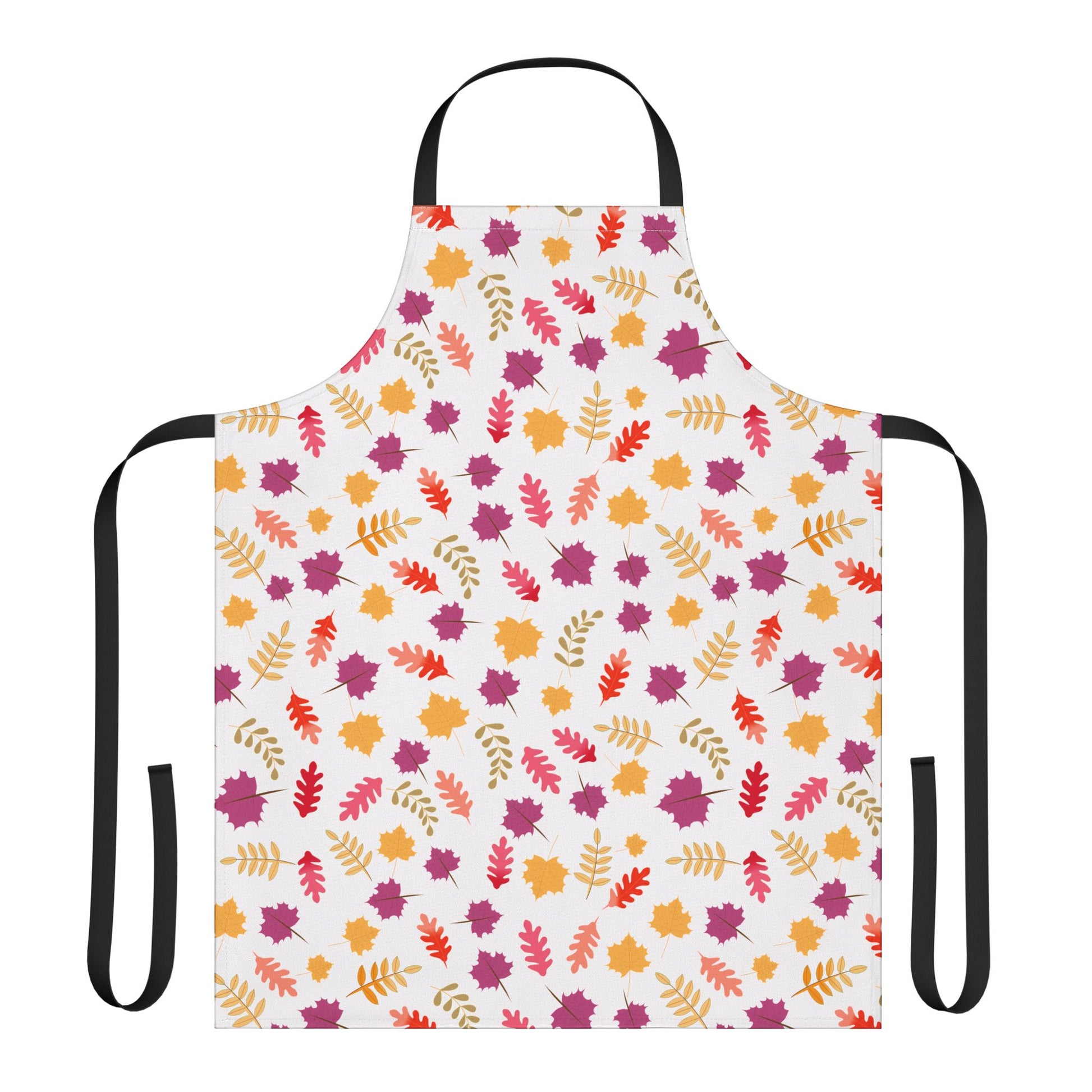 Apron Floral Design: A full-size kitchen apron with autumn leaf pattern, featuring black straps. Made of stain-free polyester canvas, ideal for various activities, embodying FireBrook Essentials' commitment to comfort and style.
