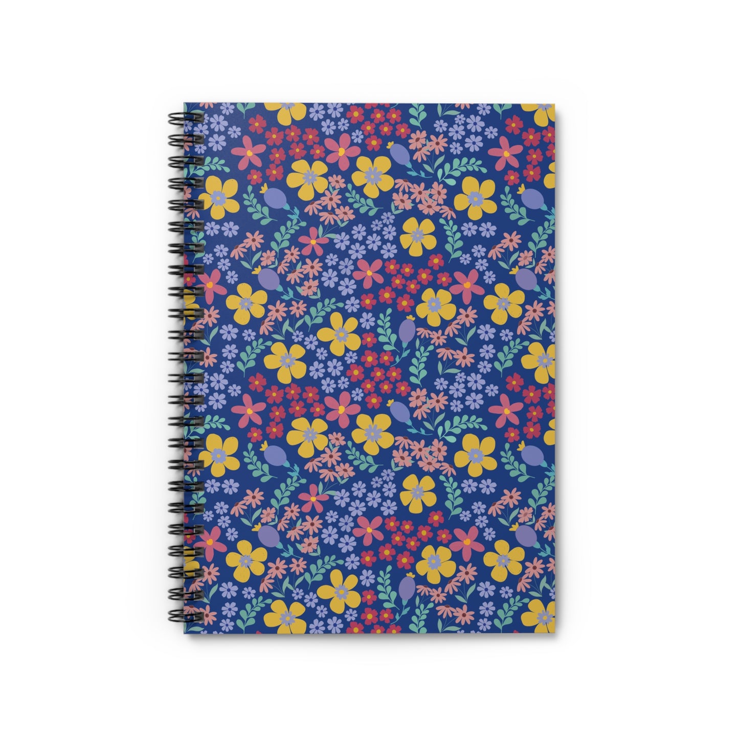 Floral Spiral Notebook with vibrant blossoms and green leaves on a dark-blue cover, featuring a sleek metal spiral for easy page turning, perfect for creative note-taking and organizing. Ideal for joyful, everyday use.