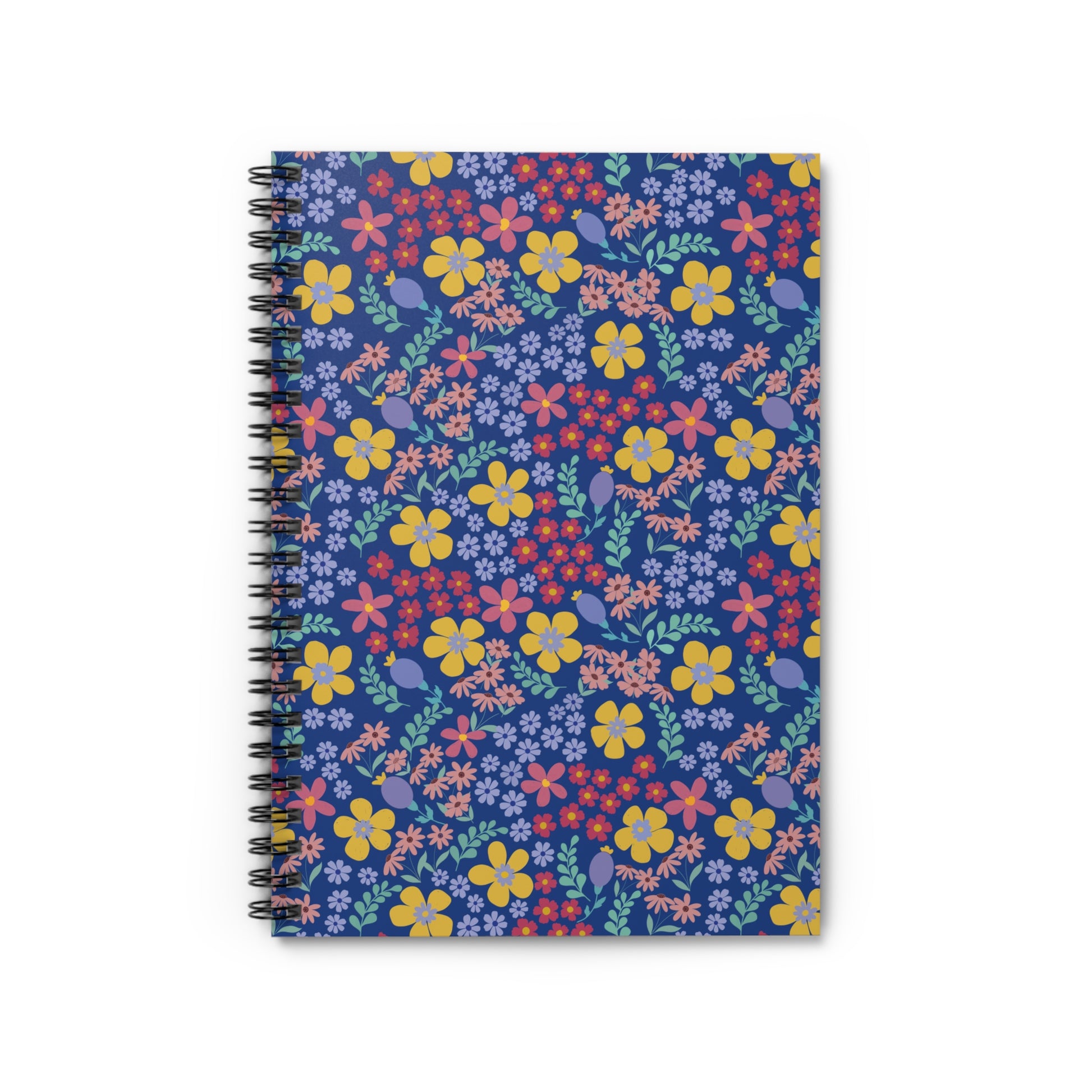 Floral Spiral Notebook with vibrant blossoms and green leaves on a dark-blue cover, featuring a sleek metal spiral for easy page turning, perfect for creative note-taking and organizing. Ideal for joyful, everyday use.