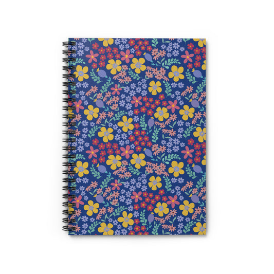 Floral Spiral Notebook with vibrant blossoms and green leaves on a dark-blue cover, featuring a sleek metal spiral for easy page turning, perfect for creative note-taking and organizing. Ideal for joyful, everyday use.