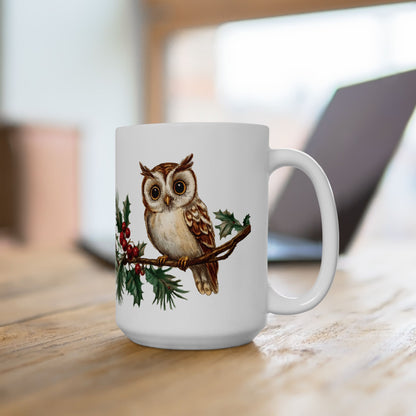 Owls on a Branch Ceramic Coffee Mug - Nature Inspired 15 oz Cup for Bird Lovers features vibrant owls perched on a branch, perfect for enjoying hot beverages, reflecting FireBrook Designs' uplifting, joyful ethos.