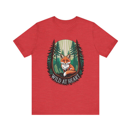 Wild at Heart Fox Illustration Bella+Canvas Unisex T-Shirt featuring a cartoon fox design. Perfect for casual wear, emphasizing comfort and style with its lightweight, sustainable fabric. Available in various sizes.