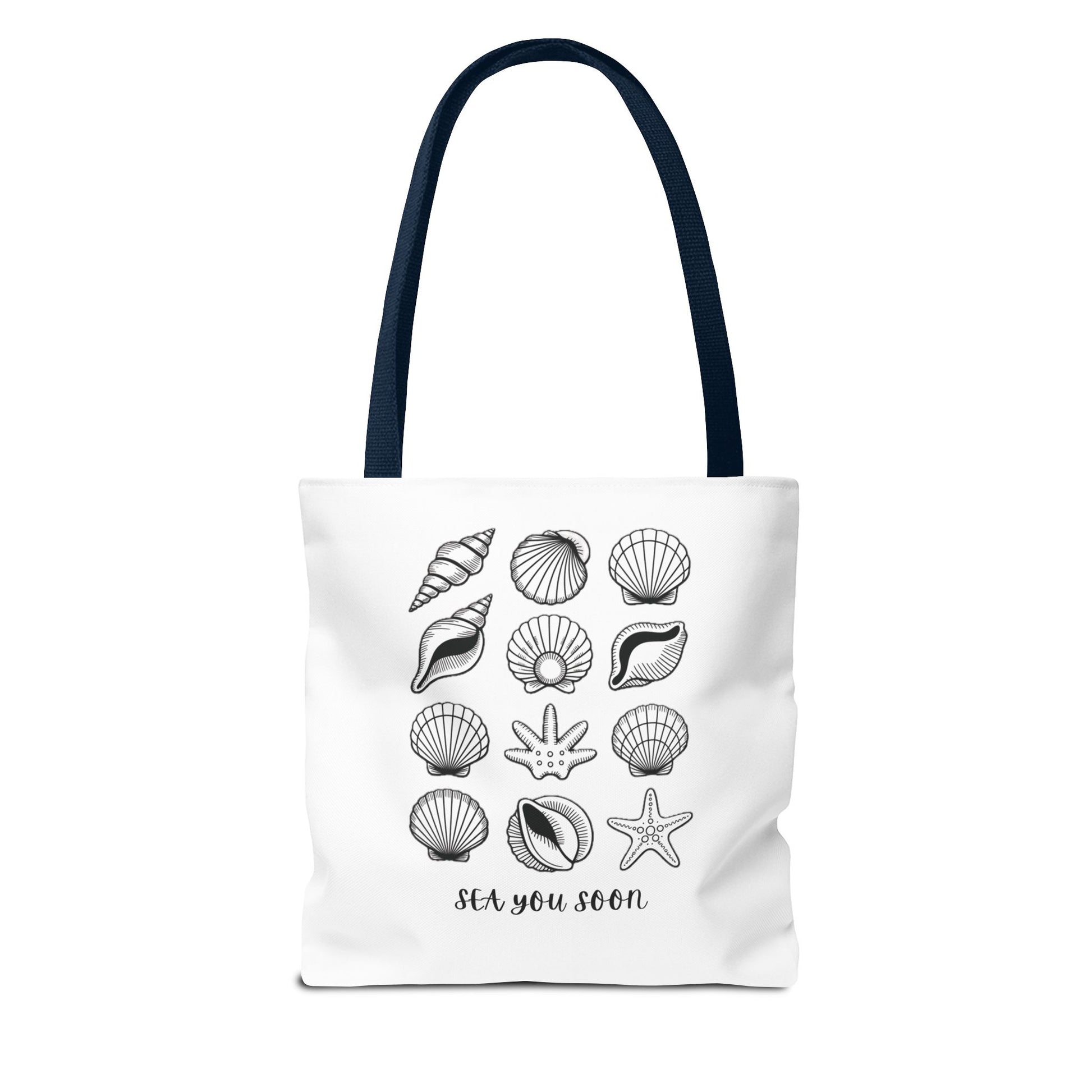 Sea Shells Tote Bag with a beachy design, showcasing durable polyester fabric and reinforced handles, ideal for seaside trips. Available in various sizes, perfect for carrying essentials on sunny outings.